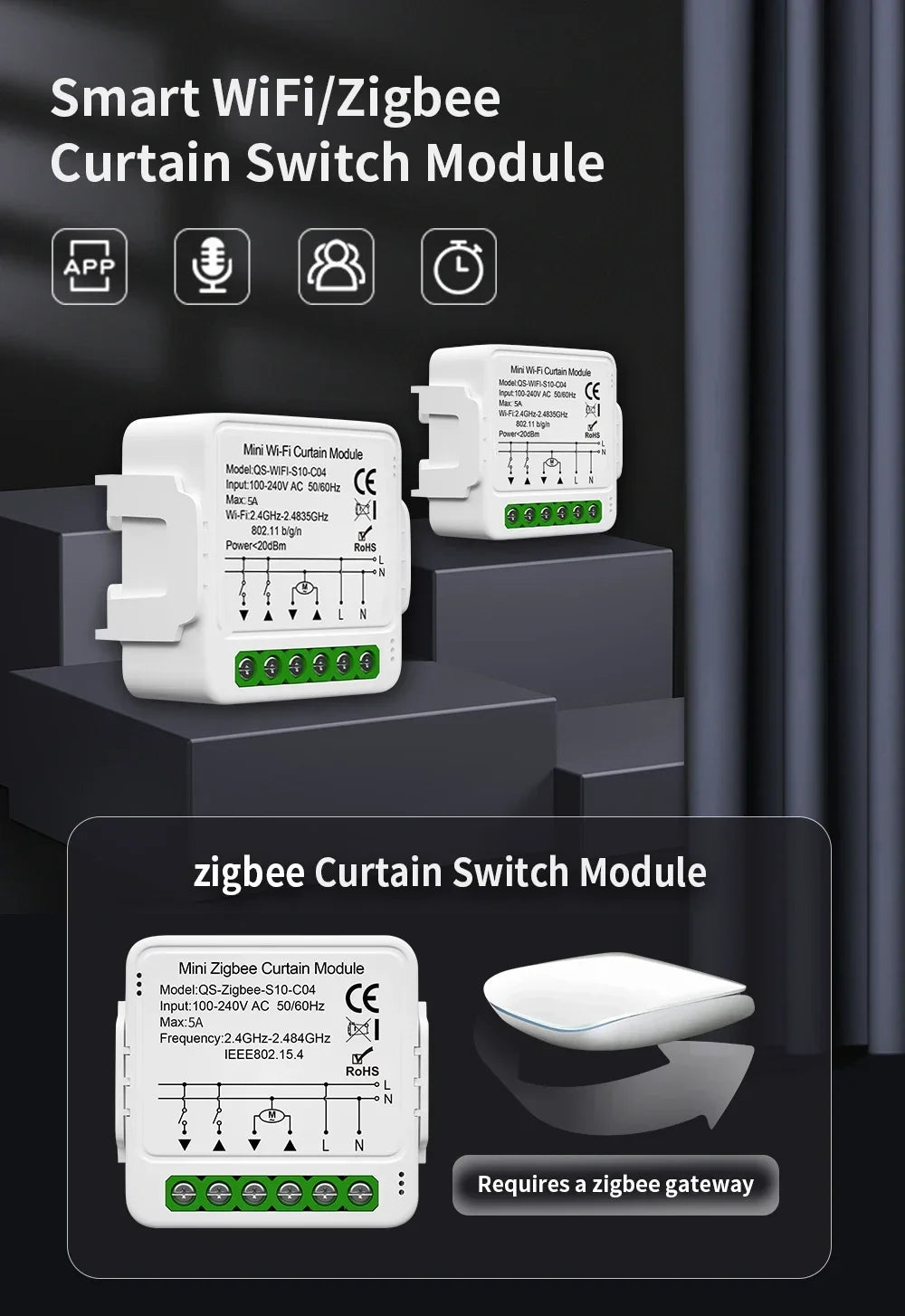 TNCE Tuya Modulo interruttore tenda wifi zigbee rf433mhz, interruttore motore otturatore tende a rullo, controllo intelligente vocale Alexa Google Home