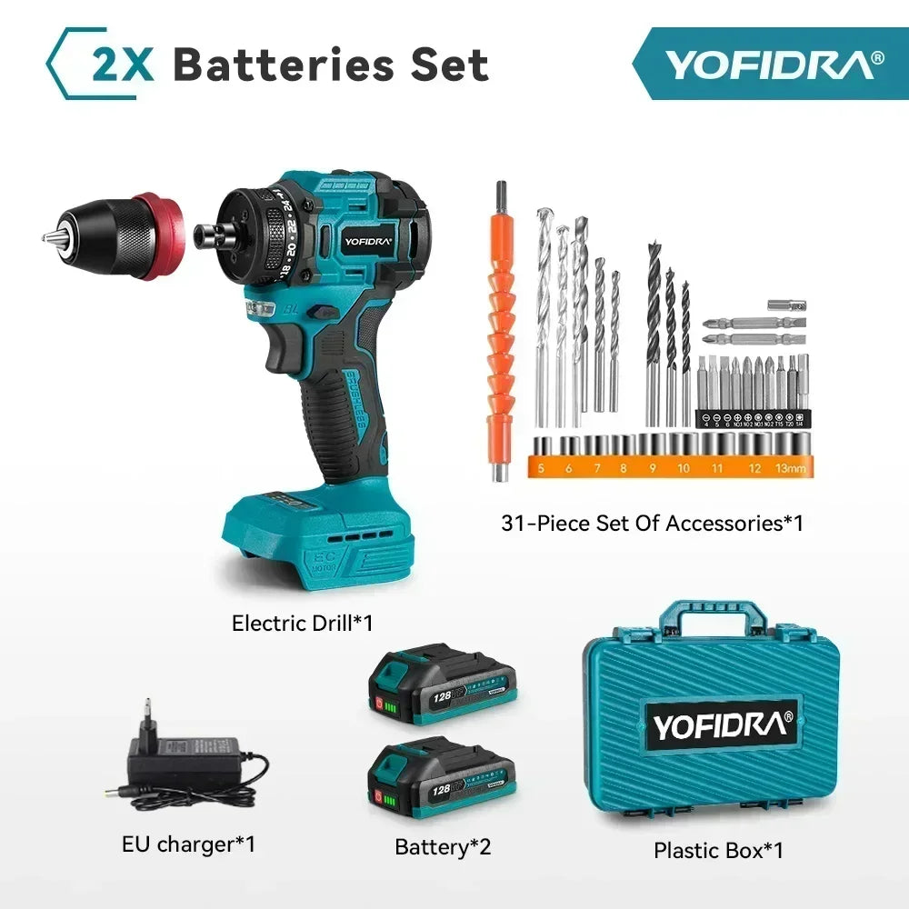 YOFIDRA 2 in1 Cacciavite elettrico senza spazzole Martello Trapano a batteria Impatto Utensile elettrico multifunzionale per Makita 18V Batteria Pin