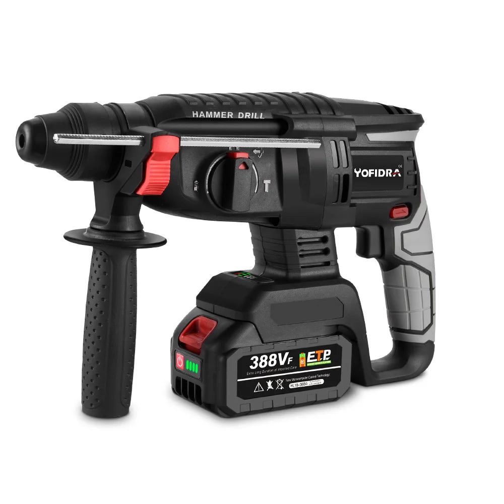YOFIDRA 1680W Martello elettrico senza spazzole Cordless Multi-funzione Trapano a percussione Utensile rotante per batteria 21V 18V