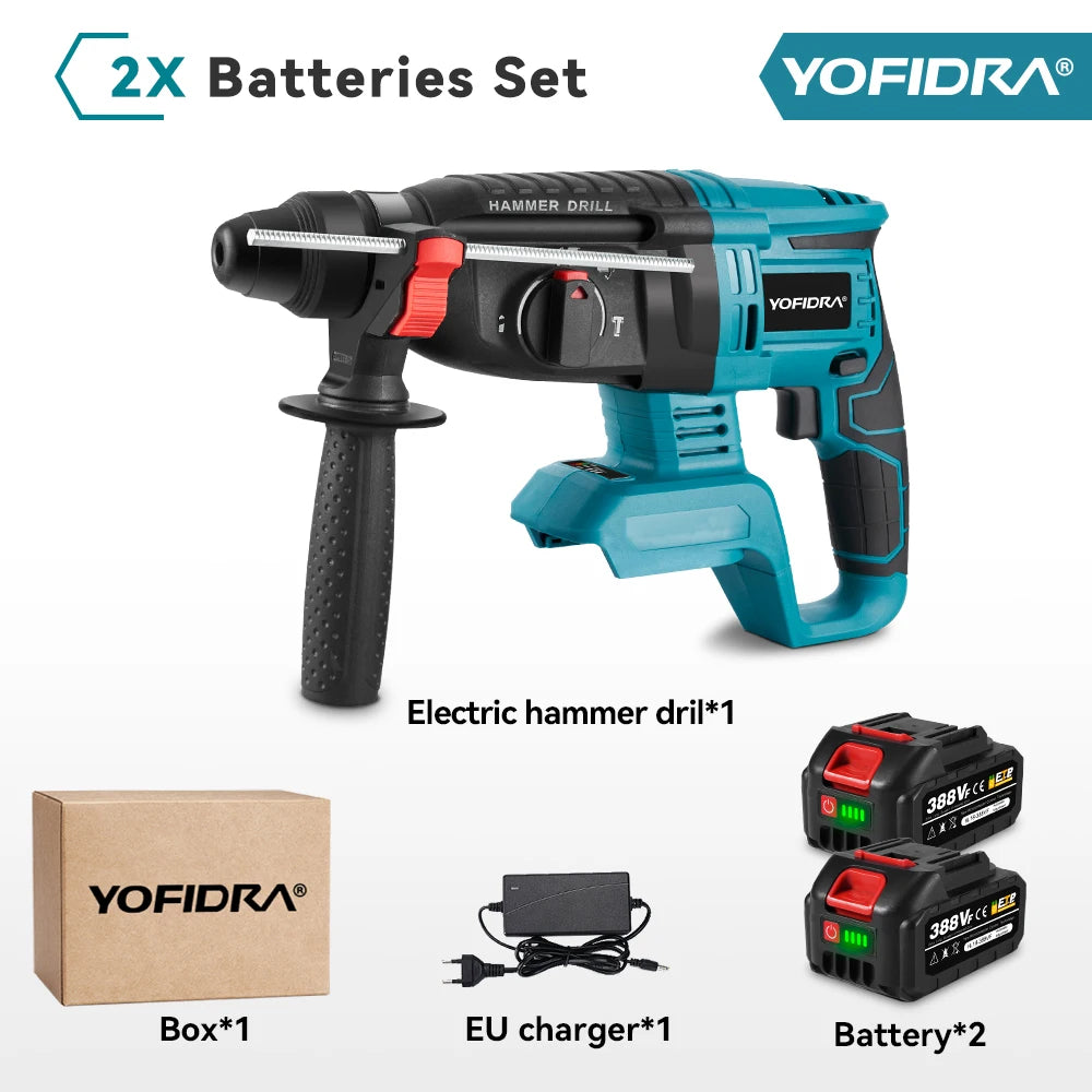 YOFIDRA 26mm Martello rotante elettrico senza spazzole Cordless Multifunzionale Trapano a percussione Utensili elettrici per Makita Batteria Pin
