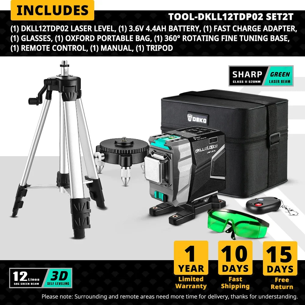 DEKO 12 linee 3D livello Laser verde linee trasversali orizzontali e verticali 520nm, autolivellante automatico, alta precisione (serie muslimah)