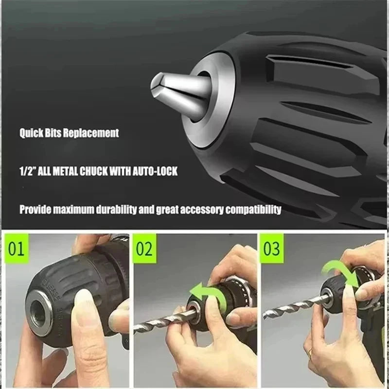 Gisha Cacciavite a percussione a batteria Trapano a batteria multifunzionale Utensile elettrico 25 + 3 Impostazione di coppia Cacciavite elettrico a 2 velocità di marcia