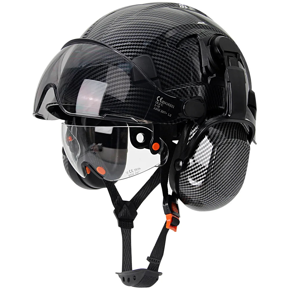 Casco di sicurezza CE in fibra di carbonio con paraorecchie Doppi occhiali Elmetto da costruzione in ABS per ingegnere Berretto da lavoro di alta qualità ANSI
