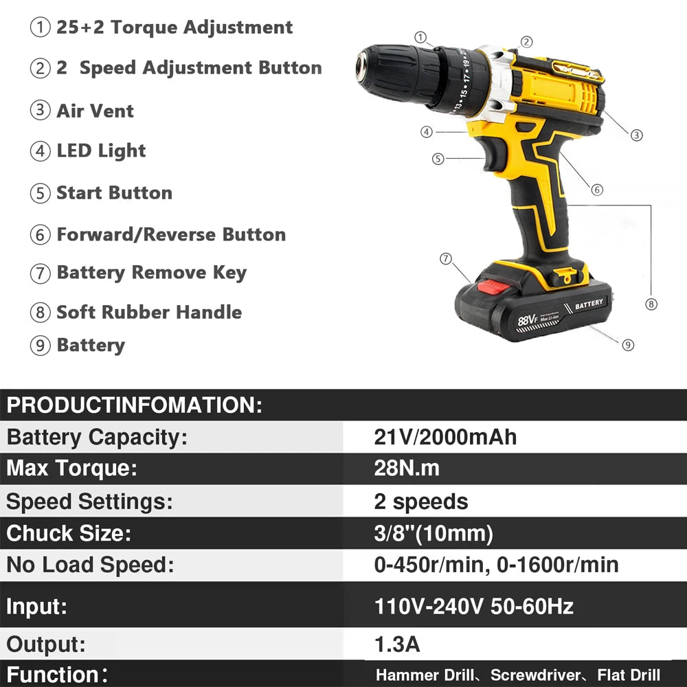 Cacciavite a percussione elettrico con coppia 25 + 3 Impostazione multifunzionale Cacciavite elettrico con trapano a batteria a 2 velocità con 2 batterie