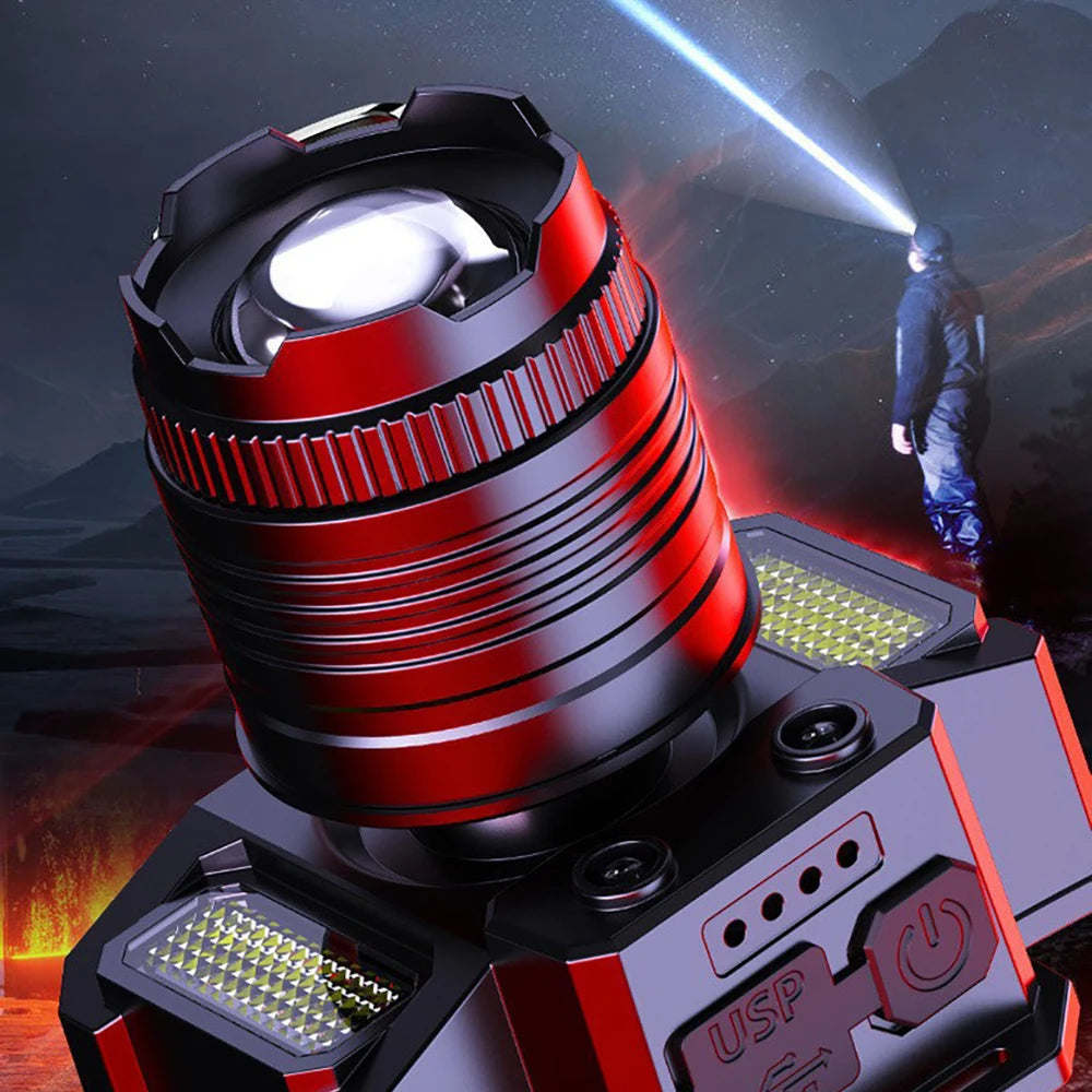 Induzione intelligente Luce bianca Faro a LED Zoom Sensore di ricarica USB Lampada frontale a LED Torcia frontale multifunzione per esterni Lampade a lanterna