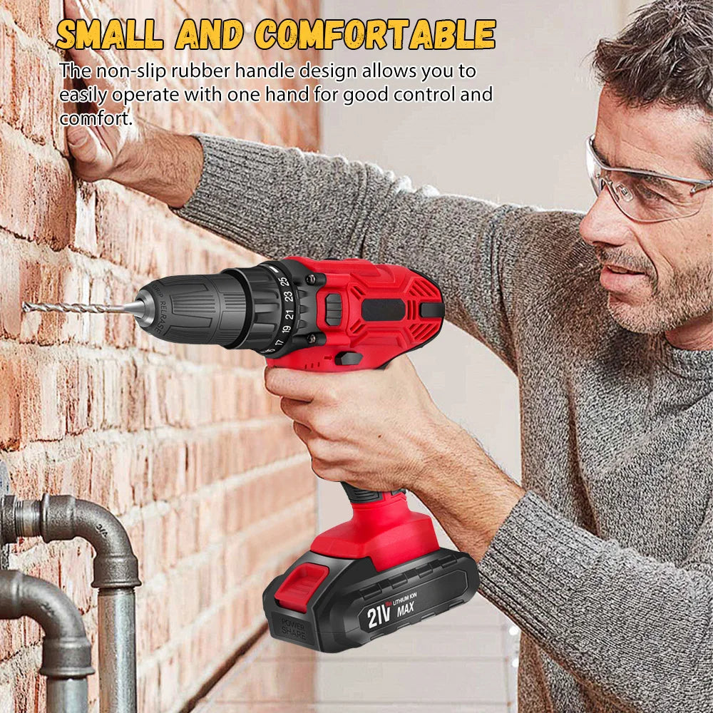 Trapano elettrico 21V 200Nm a batteria, kit trapano combinato a 2 batterie, 25+1 coppia Cacciavite elettrico con mandrino da 3/8" per legno e metallo