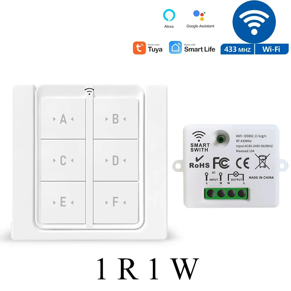 Tuya WiFi RF Smart Light Switch 433 MHz 6 Gang Interruttore da pannello a parete wireless, ricevitore temporizzato 110 V 220 V Funziona con Goole Home/Alexa