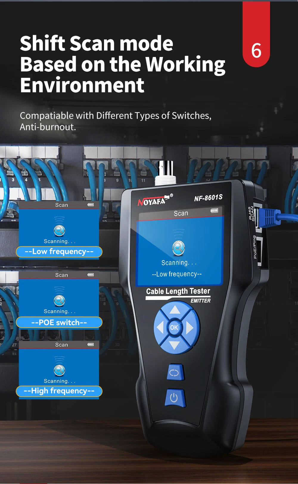 NOYAFA NF-8601S Tester per cavi di rete Localizzatore di cavi anti-interferenza PING Tester RJ45 RJ11 Misuratore di lunghezza Tester Strumenti di rete