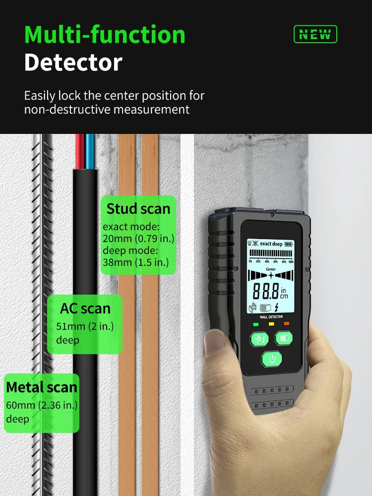 R&D Nuovo cercatore perni Scanner da parete Fili per cavi Localizzatore di profondità Metal Detector da parete Retroilluminato elettronico Cercatore di legno AC nero