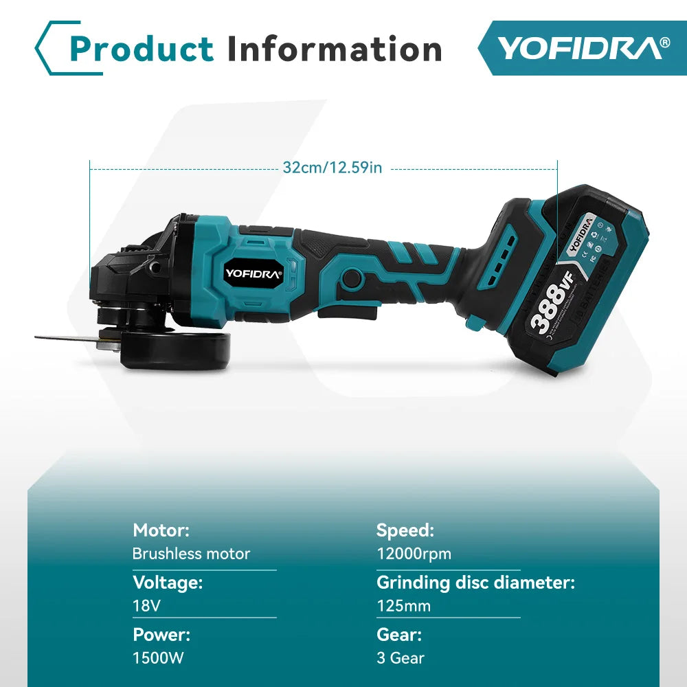 YOFIDRA 125 millimetri Brushless Smerigliatrice Angolare 3 Ingranaggi Rettificatrice Lucidatura Taglio Strumento di Lavorazione Del Legno Per Makita 18V Batteria Spille
