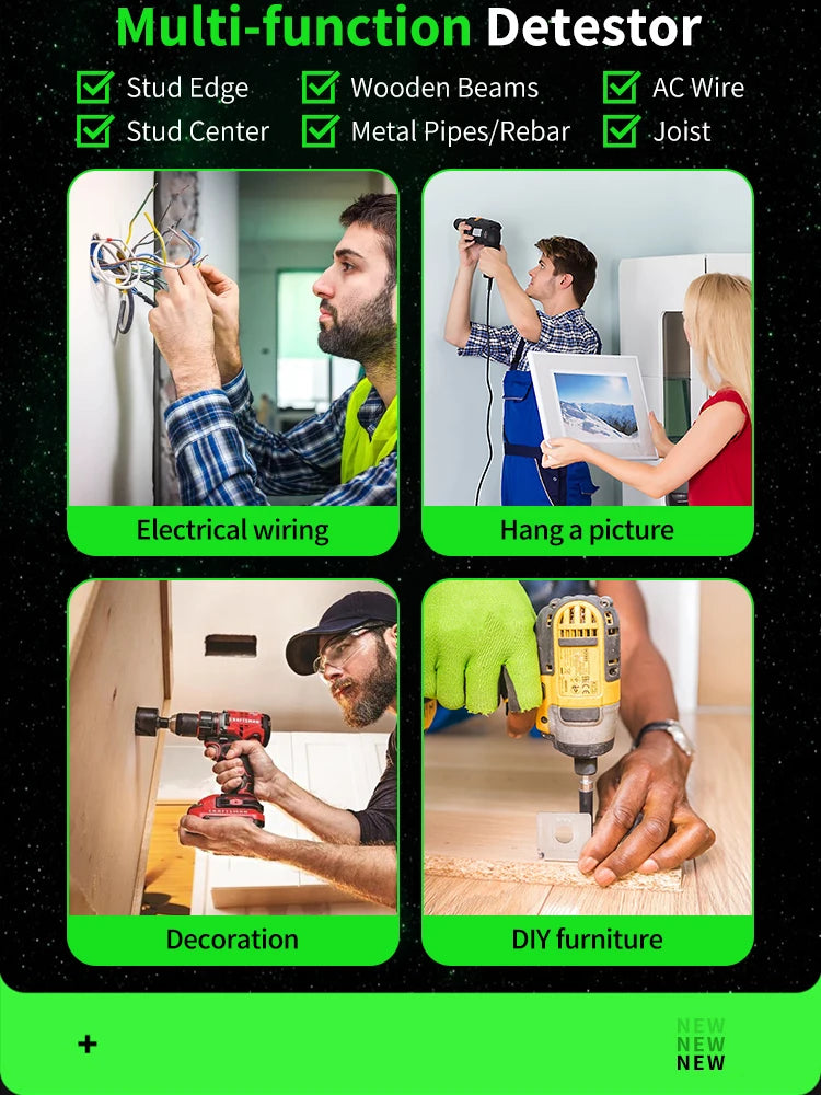 R&D Nuovo cercatore perni Scanner da parete Fili per cavi Localizzatore di profondità Metal Detector da parete Retroilluminato elettronico Cercatore di legno AC nero