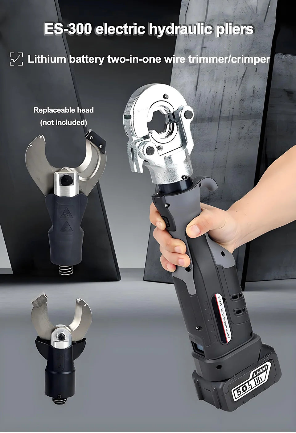 Crimpatrice idraulica elettrica ES-300 con manico dritto per terminali in rame e alluminio da 10-300 mm2 con crimpatura rapida e 360 °   Rotazione