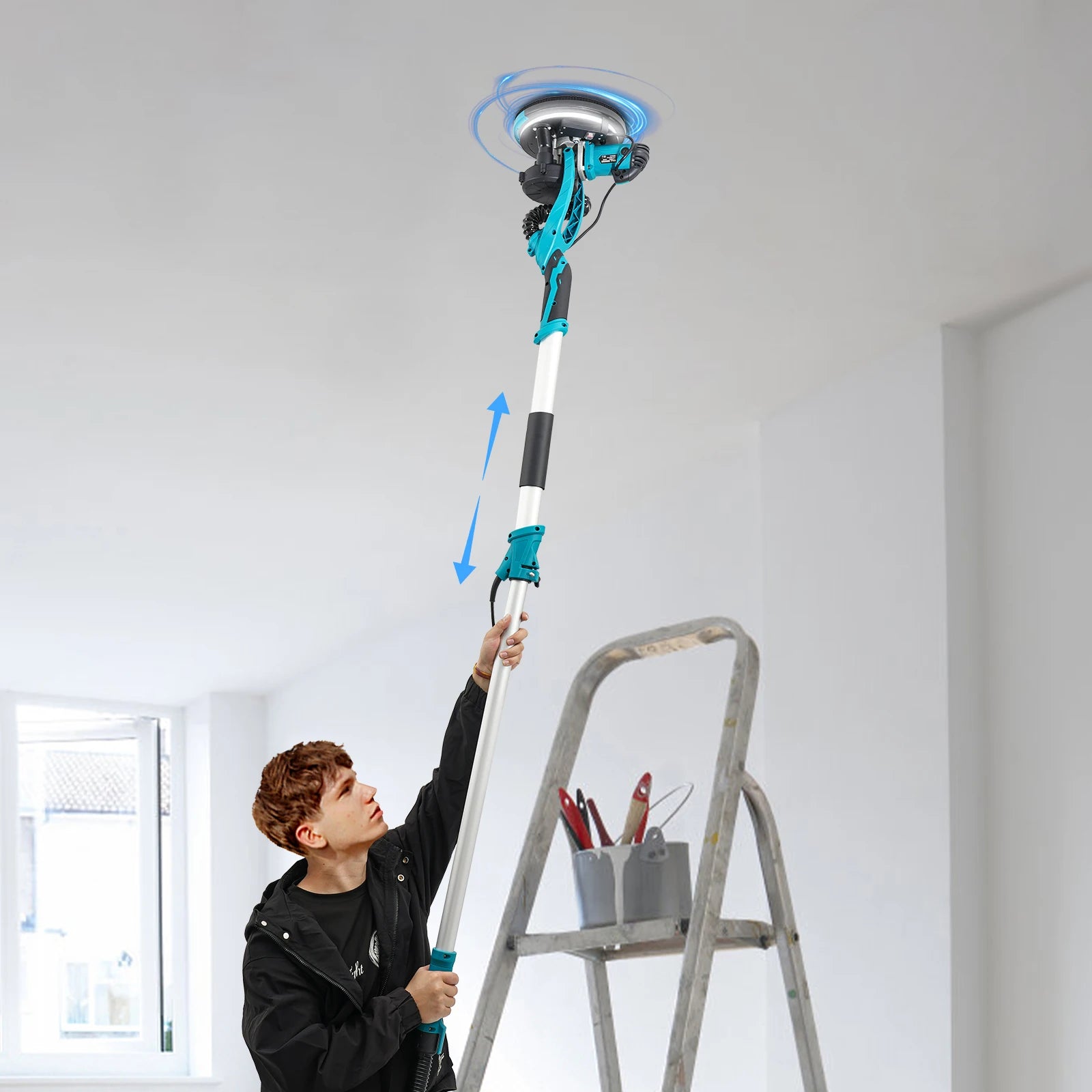 Levigatrice per cartongesso da 750 W, lucidatrice per mastice da parete a velocità regolabile, 220-240 V, con aspirazione della polvere, 6 carte vetrate