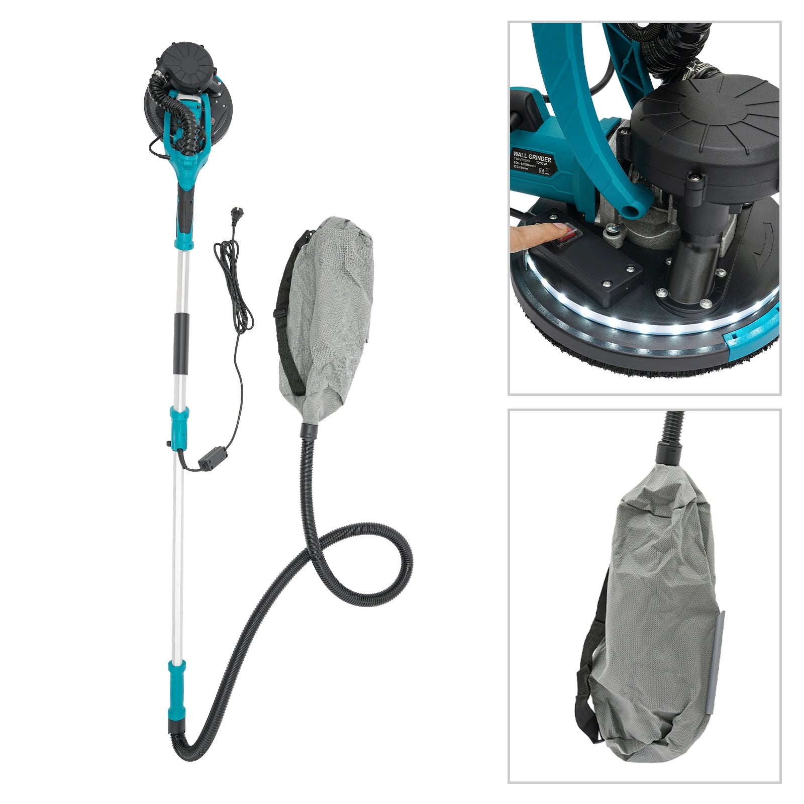 Levigatrice per cartongesso da 750 W, lucidatrice per mastice da parete a velocità regolabile, 220-240 V, con aspirazione della polvere, 6 carte vetrate