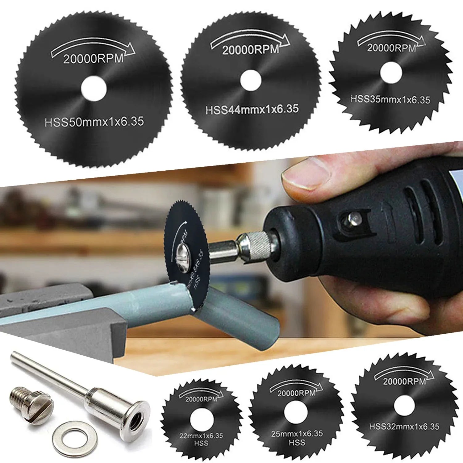 Lame per sega per trapano rotante da 6 pezzi, lame da taglio per ruota a disco per sega in acciaio con mandrino a codolo cilindrico da 1/8 "per utensile rotante per trapani Dremel