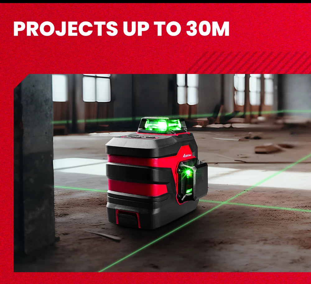 YEVOLT YVGLL4XS12 Livello laser Raggio verde a 12 linee Precisione ±0,2 mm/m, resistenza alla polvere/acqua IP54, livellamento automatico e modalità pendenza