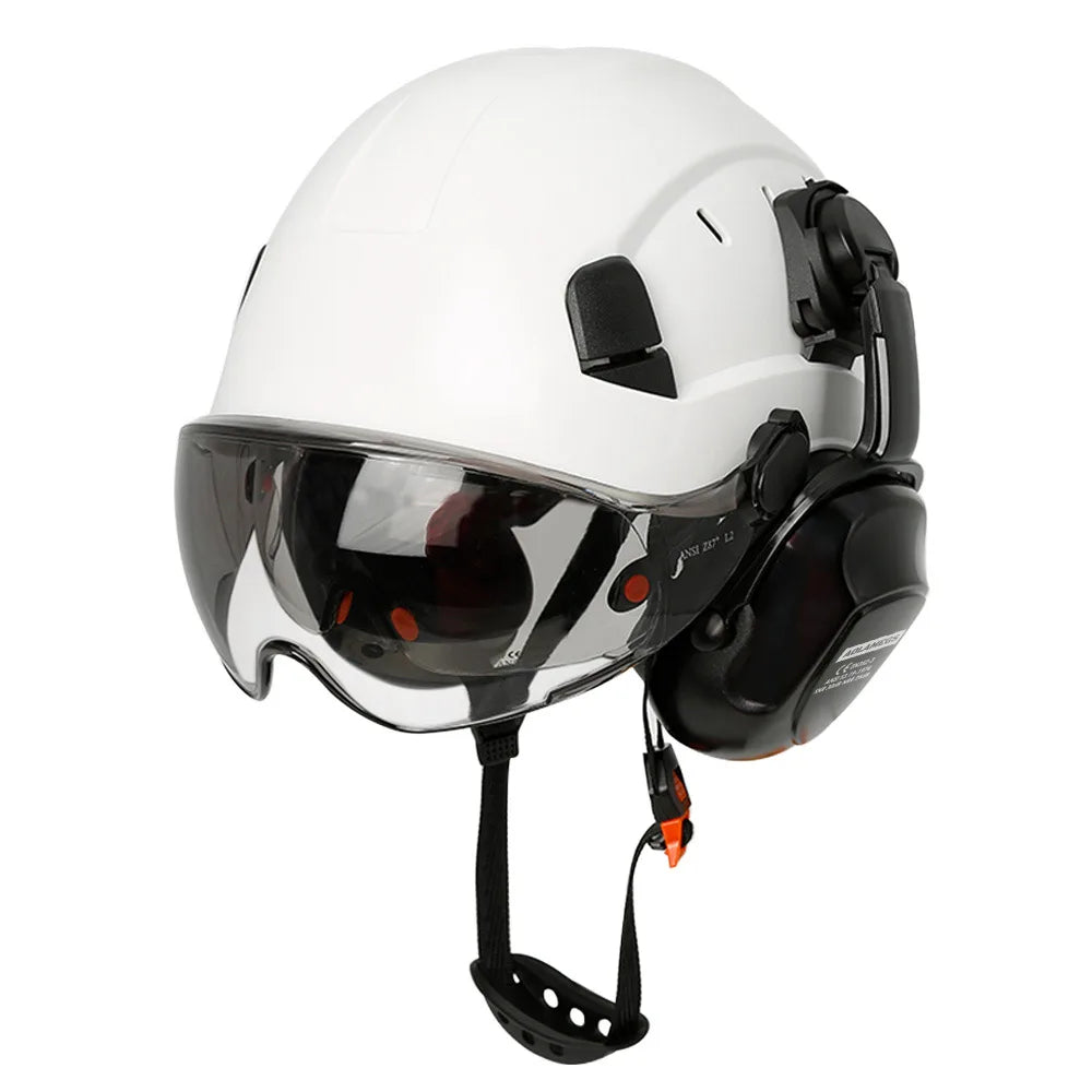 Casco di sicurezza da costruzione CE con visiera, paraorecchie con occhiali integrati per elmetto protettivo da ingegnere, protezione per la testa del berretto da lavoro industriale ANSI