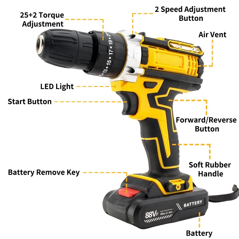 Cacciavite a percussione elettrico con coppia 25 + 3 Impostazione multifunzionale Cacciavite elettrico con trapano a batteria a 2 velocità con 2 batterie