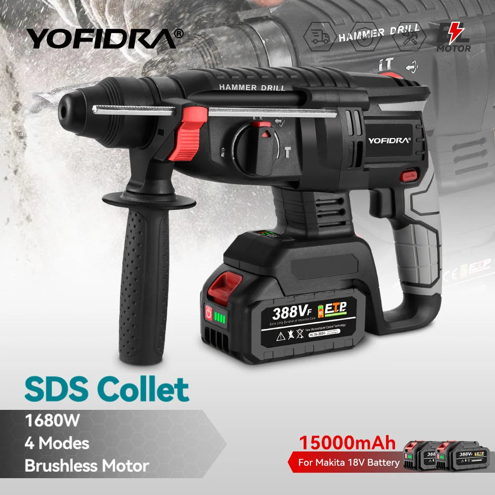 YOFIDRA 1680W Martello elettrico senza spazzole Cordless Multi-funzione Trapano a percussione Utensile rotante per batteria 21V 18V