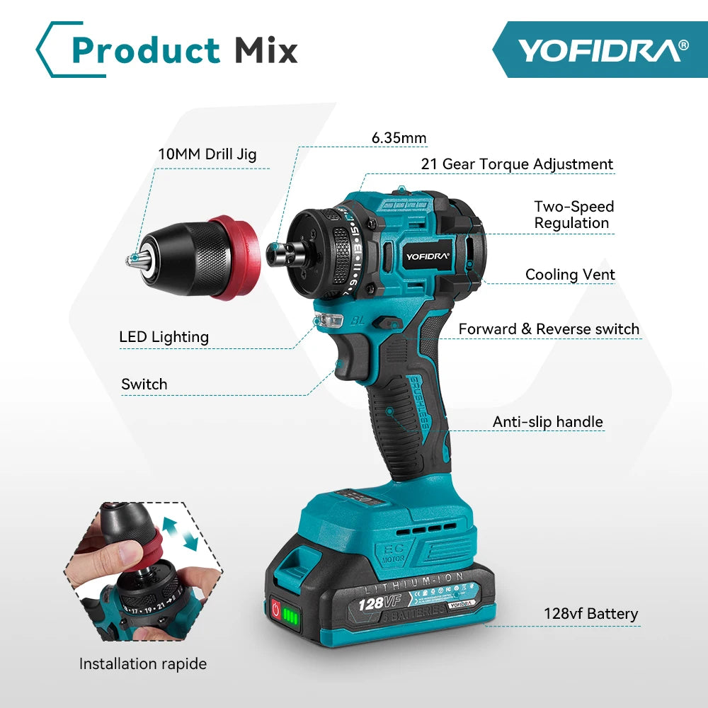 YOFIDRA 2 in1 Cacciavite elettrico senza spazzole Martello Trapano a batteria Impatto Utensile elettrico multifunzionale per Makita 18V Batteria Pin