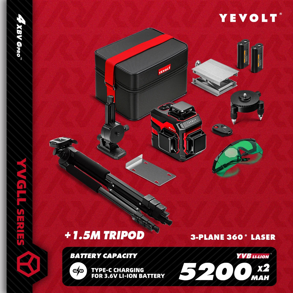 YEVOLT YVGLL4XS12 Livello laser Raggio verde a 12 linee Precisione ±0,2 mm/m, resistenza alla polvere/acqua IP54, livellamento automatico e modalità pendenza