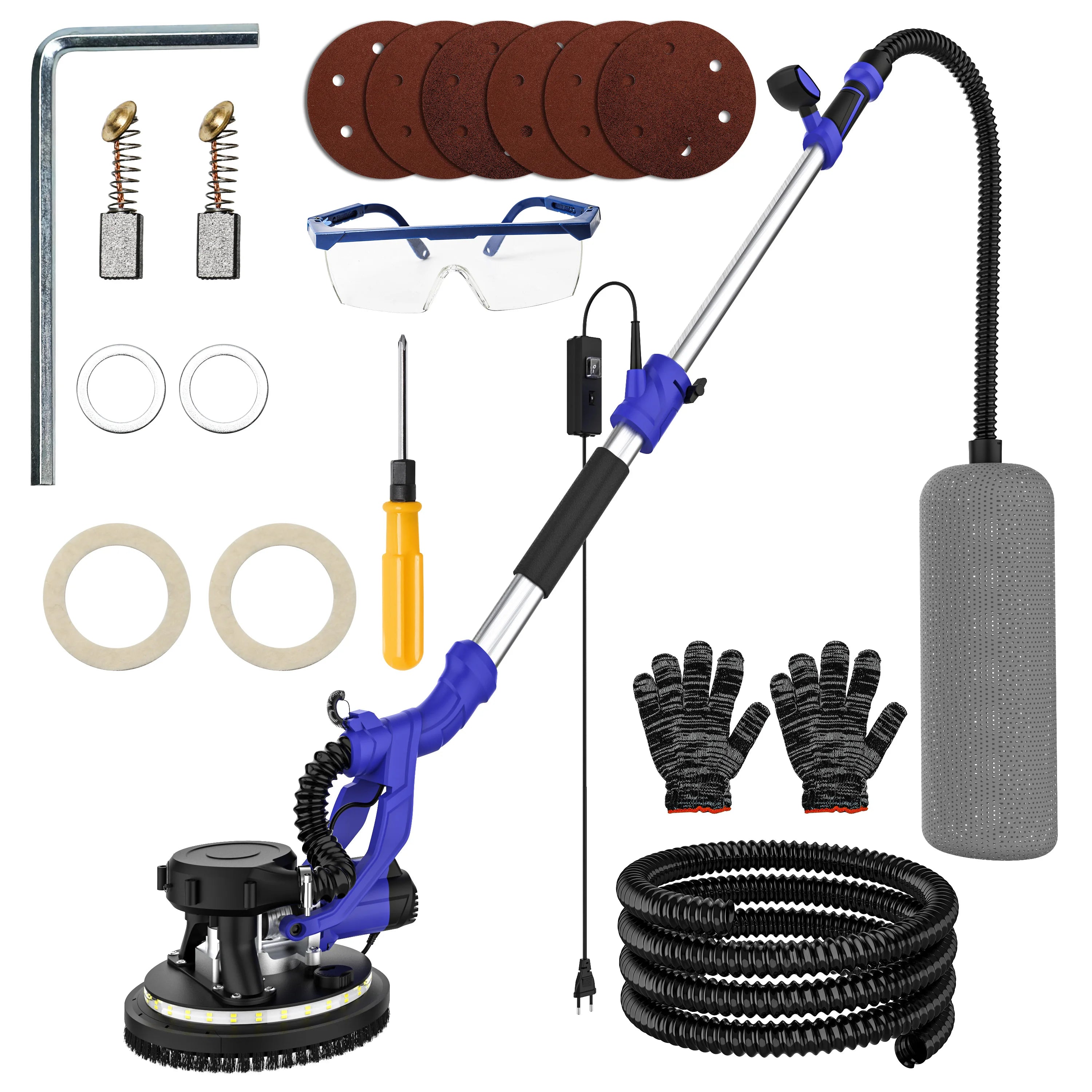 Levigatrice elettrica per cartongesso da 9 pollici Levigatrice per muro da 225 mm Stucco senza polvere SelfVuum LED Asta lunga Lucidatrice per carta vetrata