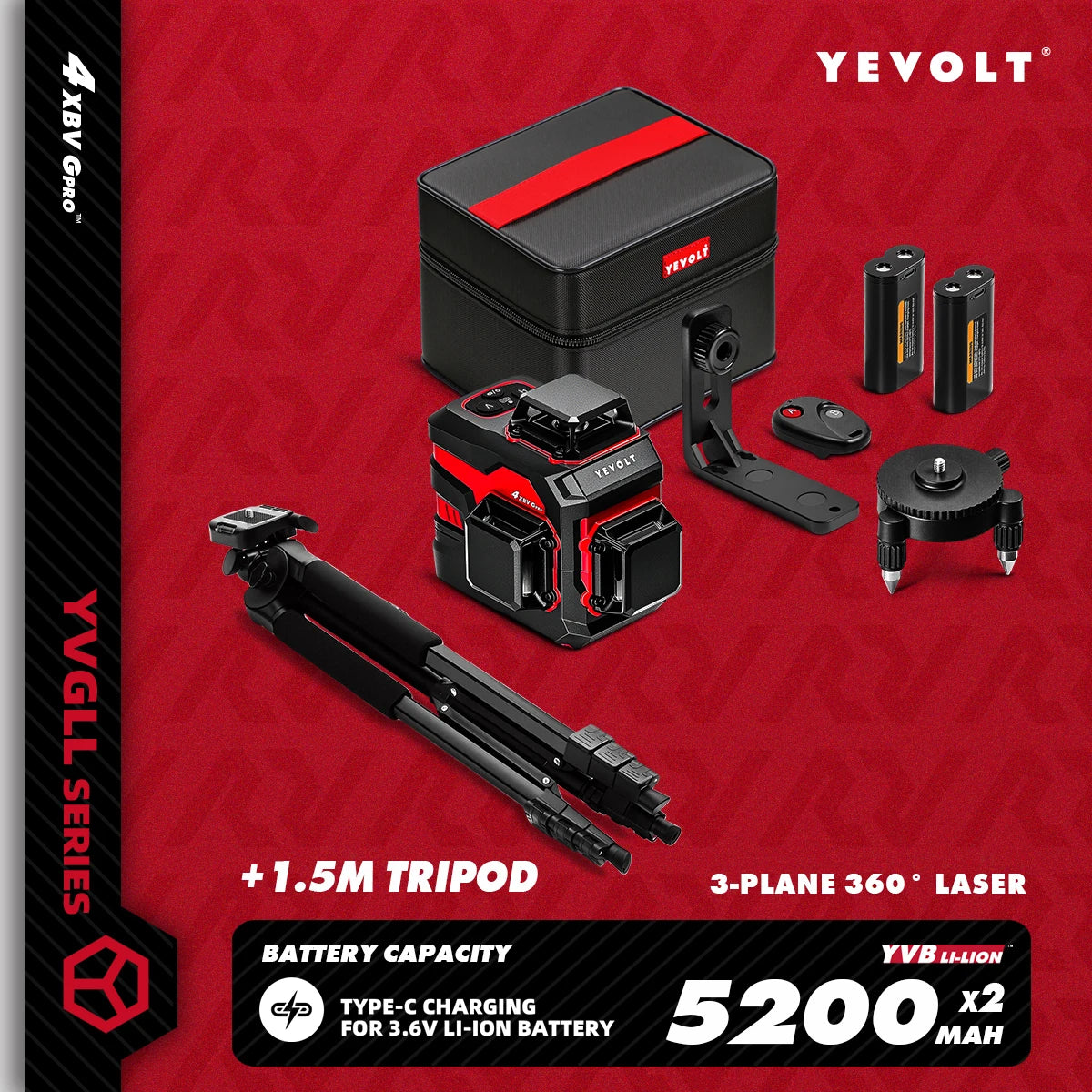 YEVOLT YVGLL4XS12 Livello laser Raggio verde a 12 linee Precisione ±0,2 mm/m, resistenza alla polvere/acqua IP54, livellamento automatico e modalità pendenza