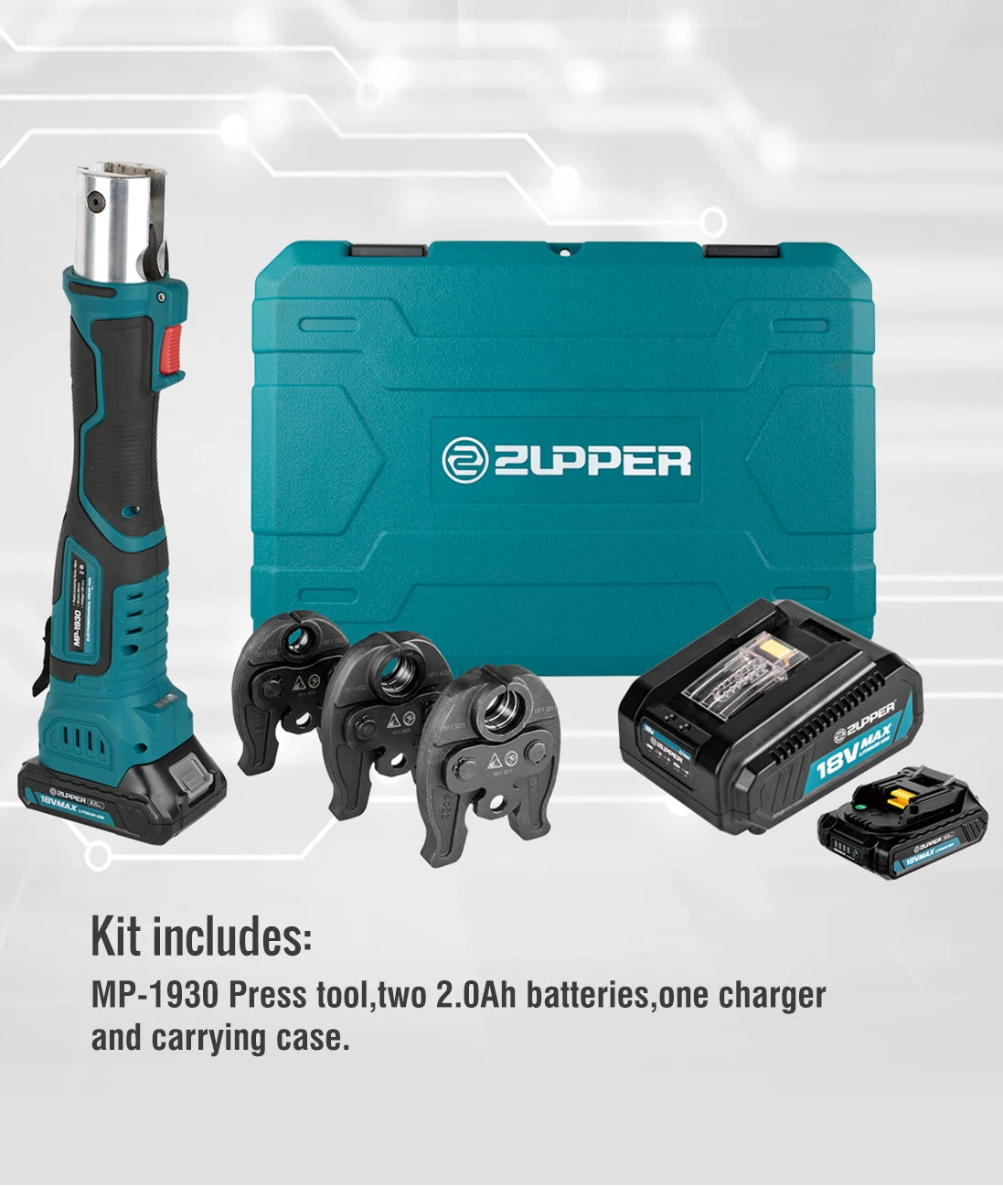 ZUPPER MP-1930 Pressa a batteria per sistema meccanico per crimpatura di tubi multistrato Pex in rame, incluso ind opzionale