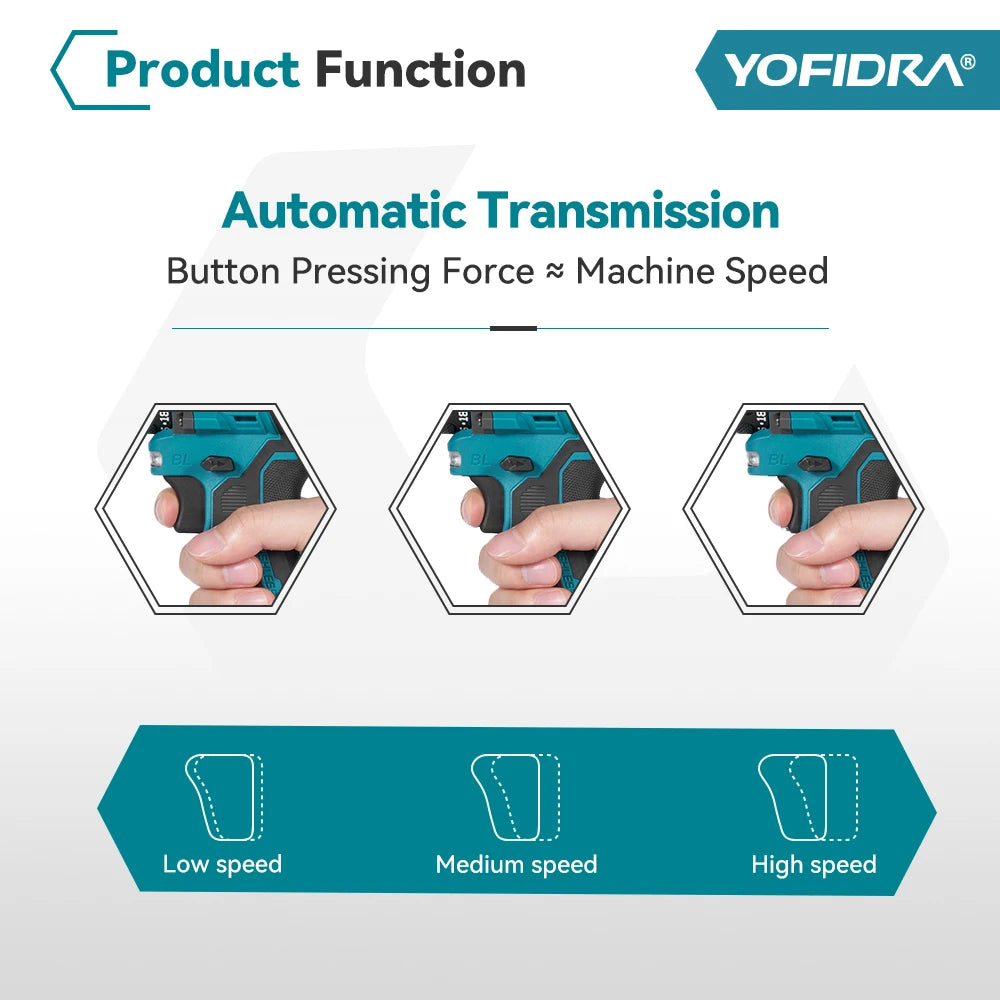 YOFIDRA 2 in1 Cacciavite elettrico senza spazzole Martello Trapano a batteria Impatto Utensile elettrico multifunzionale per Makita 18V Batteria Pin