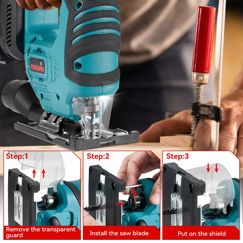 ONEVAN 26mm 3500RPM Seghetto alternativo elettrico senza spazzole 1000W Multi-Funzione 3 Velocità variabile Strumento per la lavorazione del legno Per Makita 18V Batteria pin