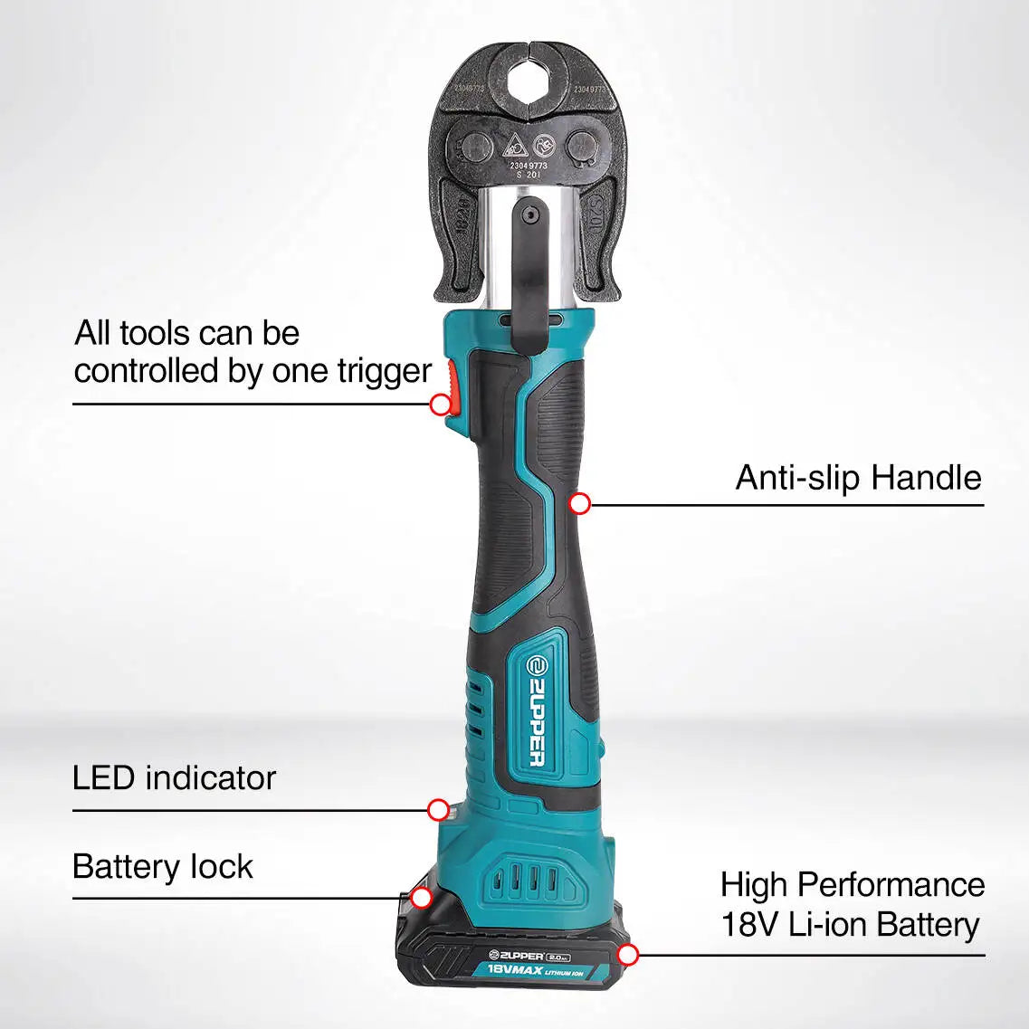 ZUPPER MP-1930 Pressa a batteria per sistema meccanico per crimpatura di tubi multistrato Pex in rame, incluso ind opzionale