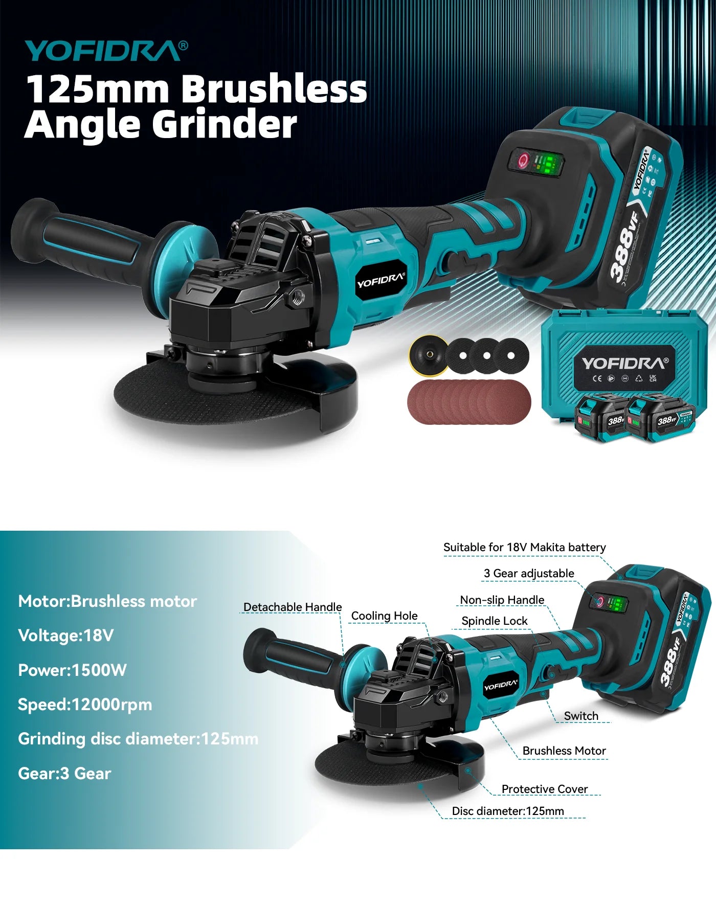 YOFIDRA 125 millimetri Brushless Smerigliatrice Angolare 3 Ingranaggi Rettificatrice Lucidatura Taglio Strumento di Lavorazione Del Legno Per Makita 18V Batteria Spille