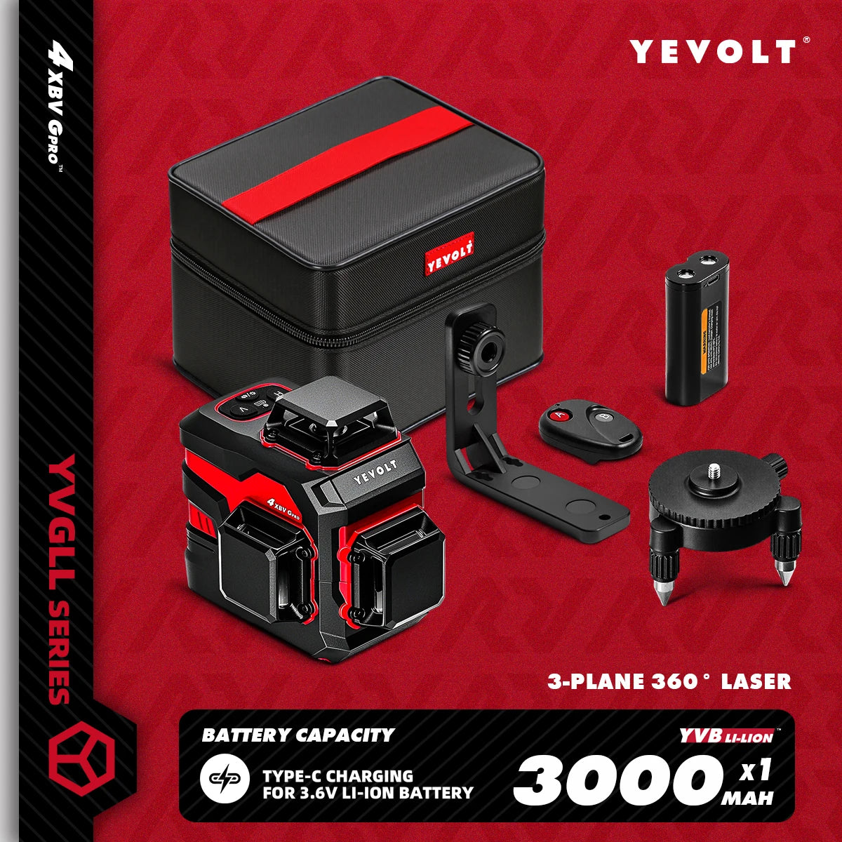 YEVOLT YVGLL4XS12 Livello laser Raggio verde a 12 linee Precisione ±0,2 mm/m, resistenza alla polvere/acqua IP54, livellamento automatico e modalità pendenza