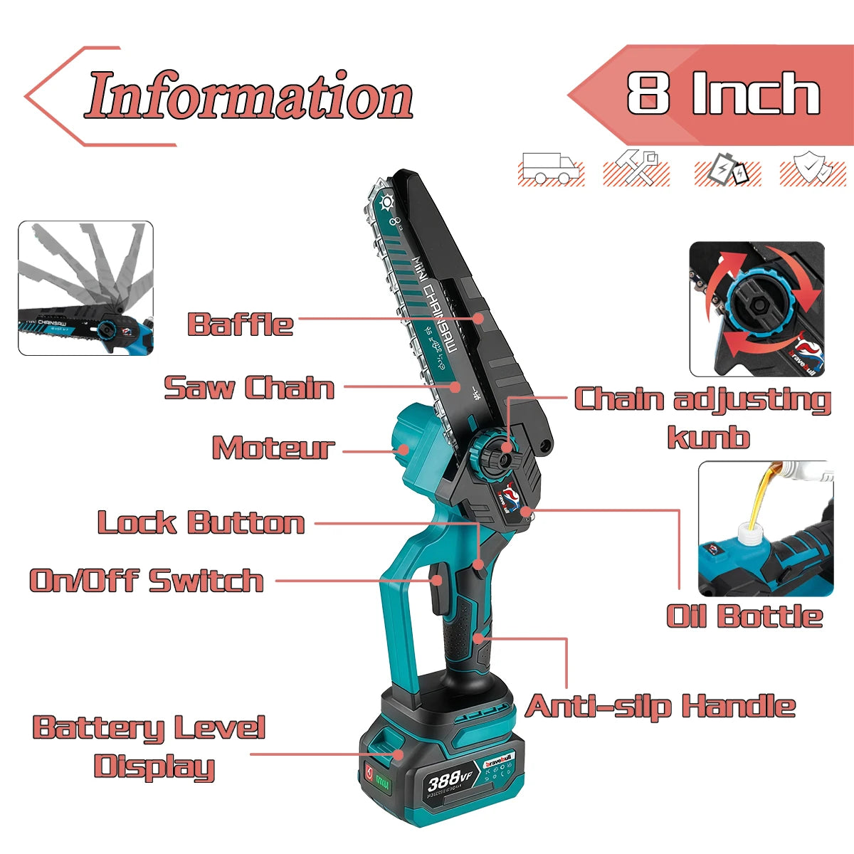 Recentemente Sega Elettrica Senza Spazzole Da 8 Pollici Con 2PCS Catene Cordless Lavorazione Del Legno Giardino Potatura Motosega Set Per Makita 18V Batteria Spille