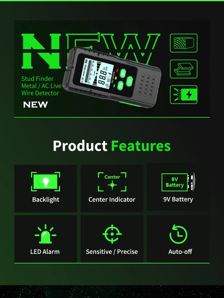 R&D Nuovo cercatore perni Scanner da parete Fili per cavi Localizzatore di profondità Metal Detector da parete Retroilluminato elettronico Cercatore di legno AC nero