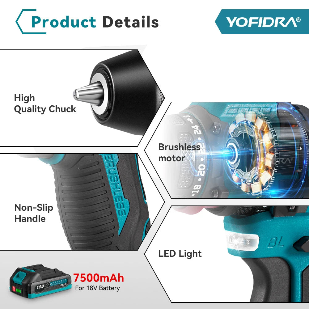 YOFIDRA 2 in1 Cacciavite elettrico senza spazzole Martello Trapano a batteria Impatto Utensile elettrico multifunzionale per Makita 18V Batteria Pin