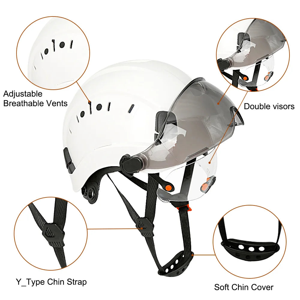 Casco di sicurezza da costruzione CE con visiera, paraorecchie con occhiali integrati per elmetto protettivo da ingegnere, protezione per la testa del berretto da lavoro industriale ANSI