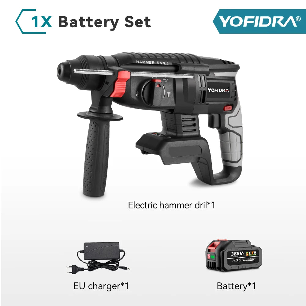 YOFIDRA 1680W Martello elettrico senza spazzole Cordless Multi-funzione Trapano a percussione Utensile rotante per batteria 21V 18V
