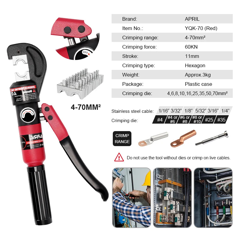 RUS Warehouse Strumento di crimpatura idraulico Pinze per crimpare terminali per cavi fai-da-te Strumenti di compressione idraulica Gamma YQK-70 4-70mm2