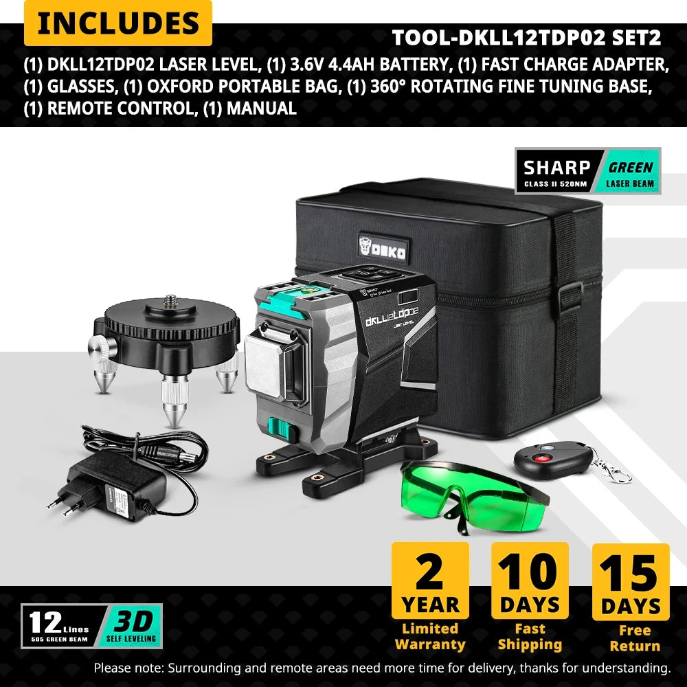 DEKO 12 linee 3D livello Laser verde linee trasversali orizzontali e verticali 520nm, autolivellante automatico, alta precisione (serie muslimah)
