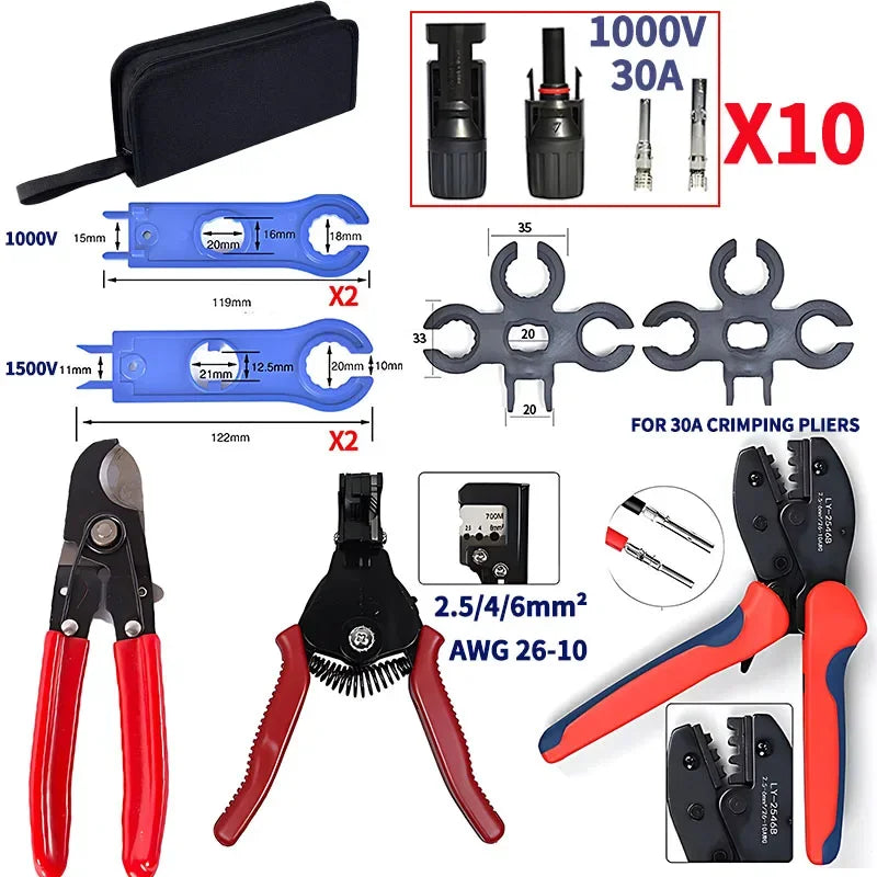 Kit di strumenti di crimpatura solare, crimpatrice solare per cavo fotovoltaico pannello solare da 2.5/4.0/6,0mm mm² con tagliacavi, spelafili, chiave inglese, connettore