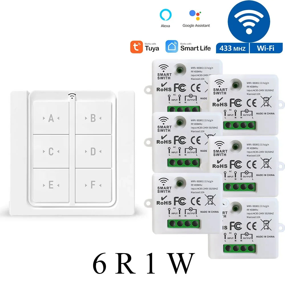 Tuya WiFi RF Smart Light Switch 433 MHz 6 Gang Interruttore da pannello a parete wireless, ricevitore temporizzato 110 V 220 V Funziona con Goole Home/Alexa