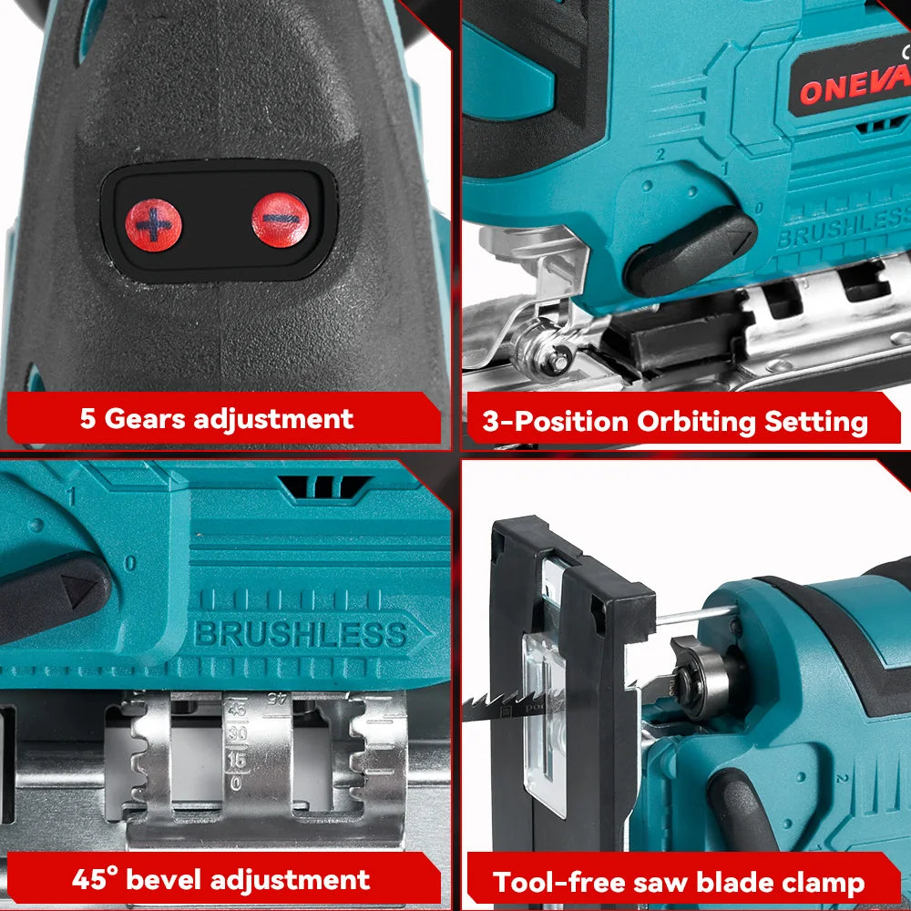 ONEVAN 26mm 3500RPM Seghetto alternativo elettrico senza spazzole 1000W Multi-Funzione 3 Velocità variabile Strumento per la lavorazione del legno Per Makita 18V Batteria pin