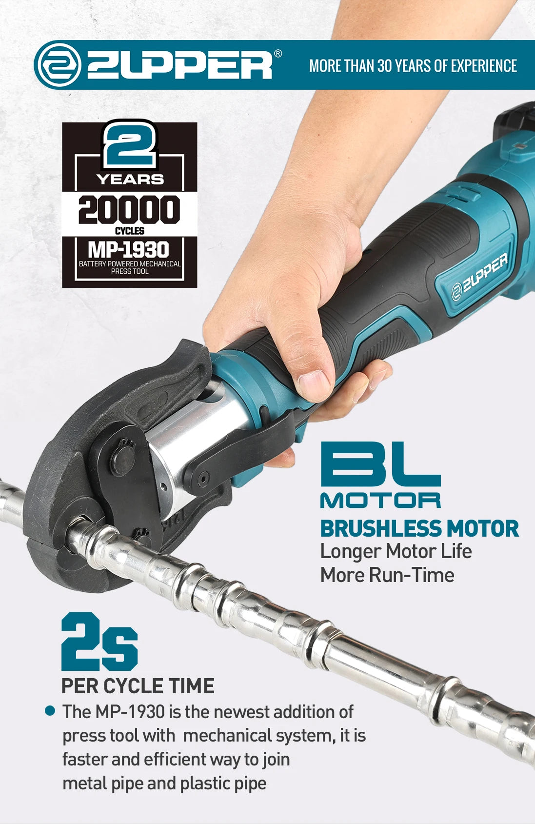 ZUPPER MP-1930 Pressa a batteria per sistema meccanico per crimpatura di tubi multistrato Pex in rame, incluso ind opzionale