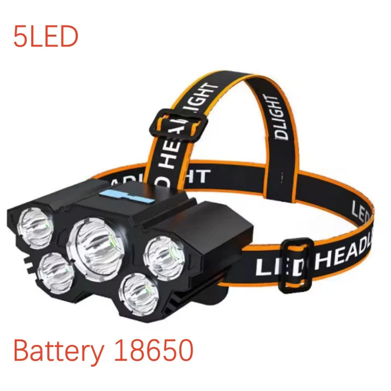 Faro a 5 LED ad alta potenza Batteria incorporata Torcia ricaricabile USB ultra luminosa montata sulla testa per illuminazione da campeggio esterna