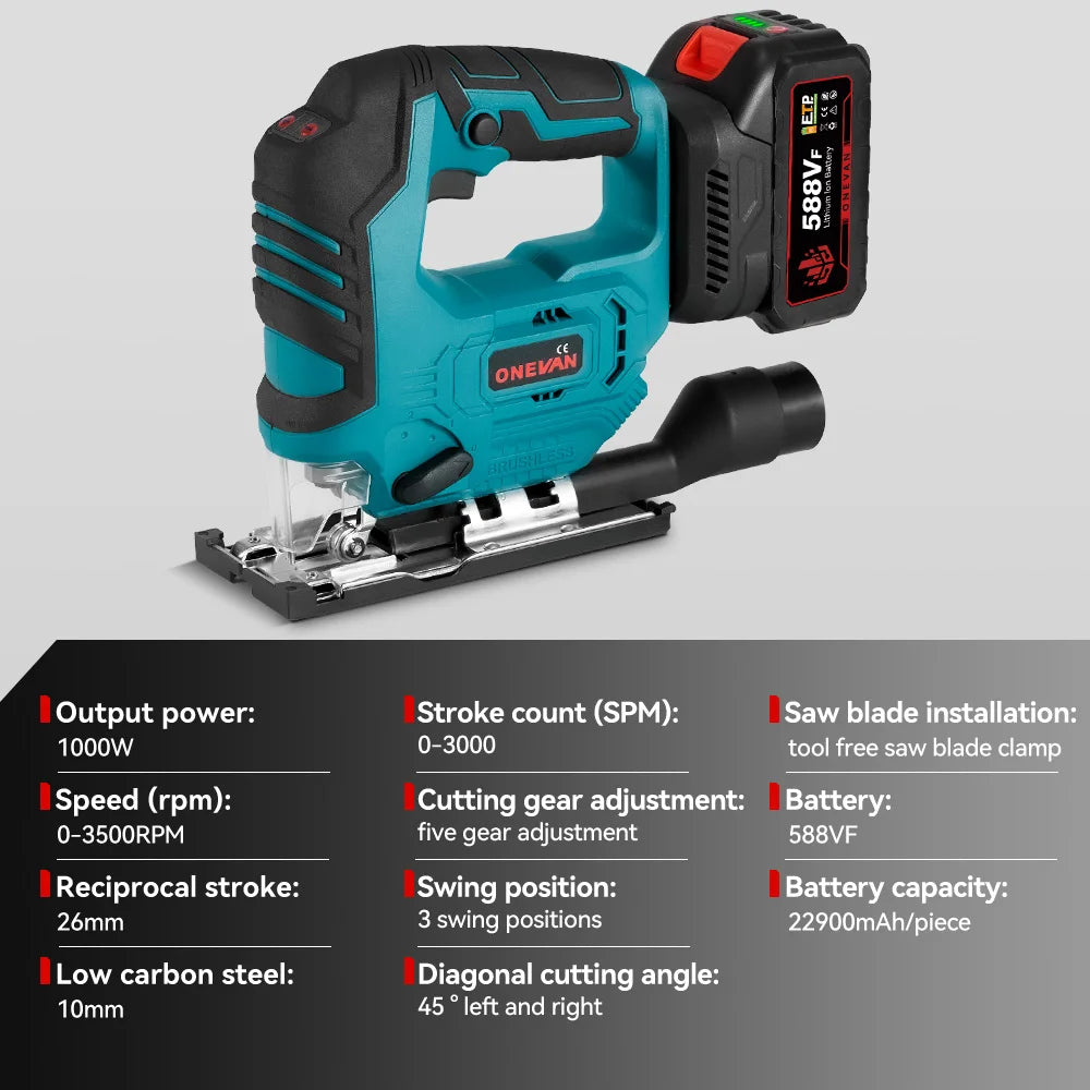 ONEVAN 26mm 3500RPM Seghetto alternativo elettrico senza spazzole 1000W Multi-Funzione 3 Velocità variabile Strumento per la lavorazione del legno Per Makita 18V Batteria pin