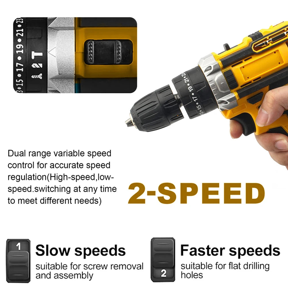 Cacciavite a percussione elettrico con coppia 25 + 3 Impostazione multifunzionale Cacciavite elettrico con trapano a batteria a 2 velocità con 2 batterie