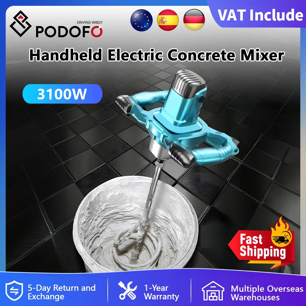 Podofo 3100W Miscelatore piccolo per vernice e rivestimento Stucco ad alta potenza in polvere Regolazione della velocità Miscelatore elettrico manuale per cemento a 6 velocità