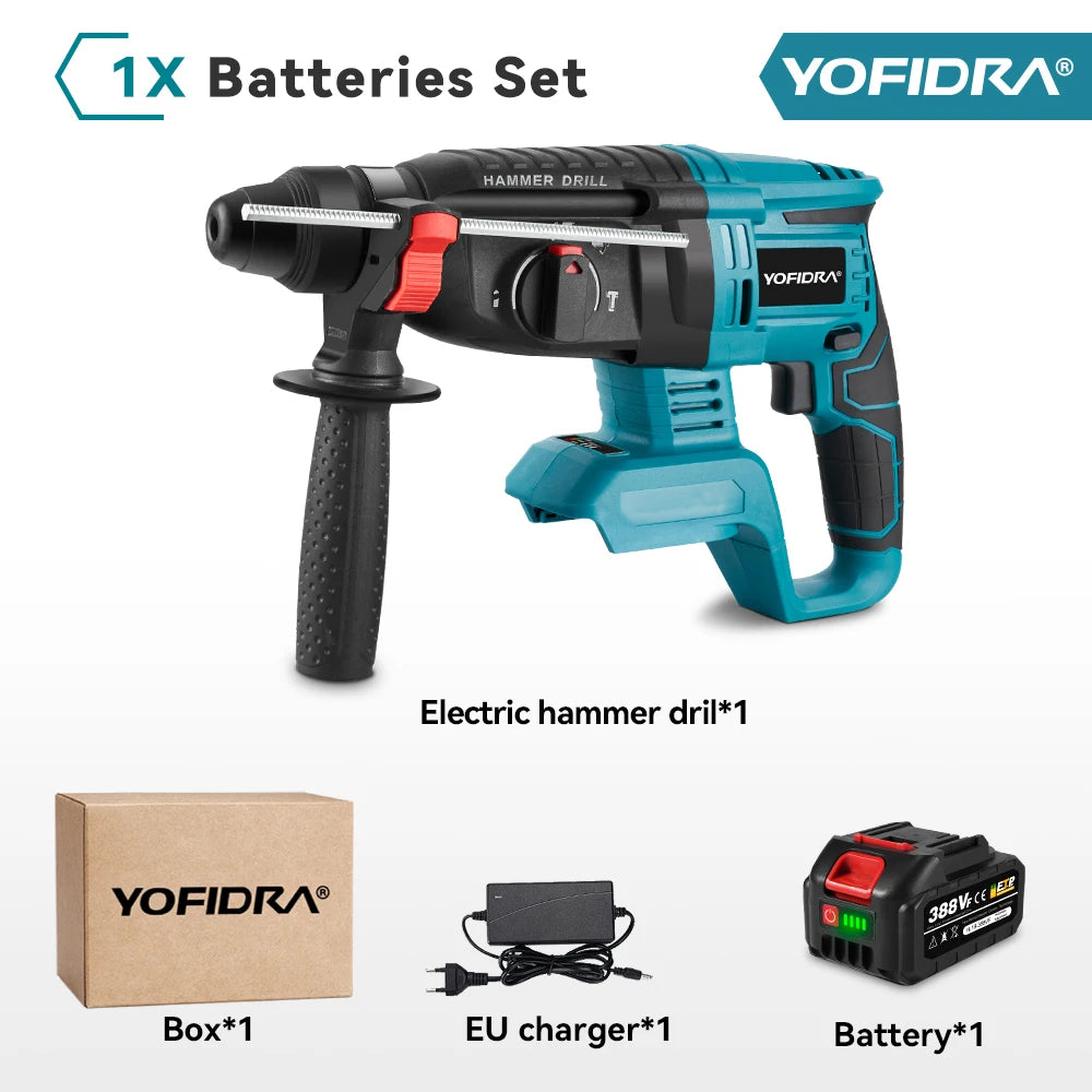 YOFIDRA 26mm Martello rotante elettrico senza spazzole Cordless Multifunzionale Trapano a percussione Utensili elettrici per Makita Batteria Pin