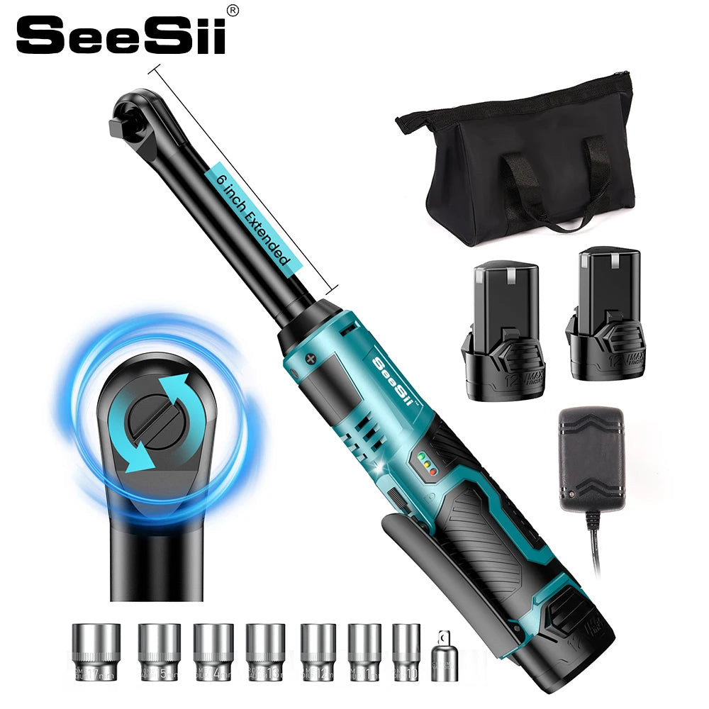 SEESII 6 "Chiave a cricchetto estesa 3/8" Chiave elettrica a batteria 55Nm 12V Chiave angolare ricaricabile Strumenti di riparazione auto con/2 batterie